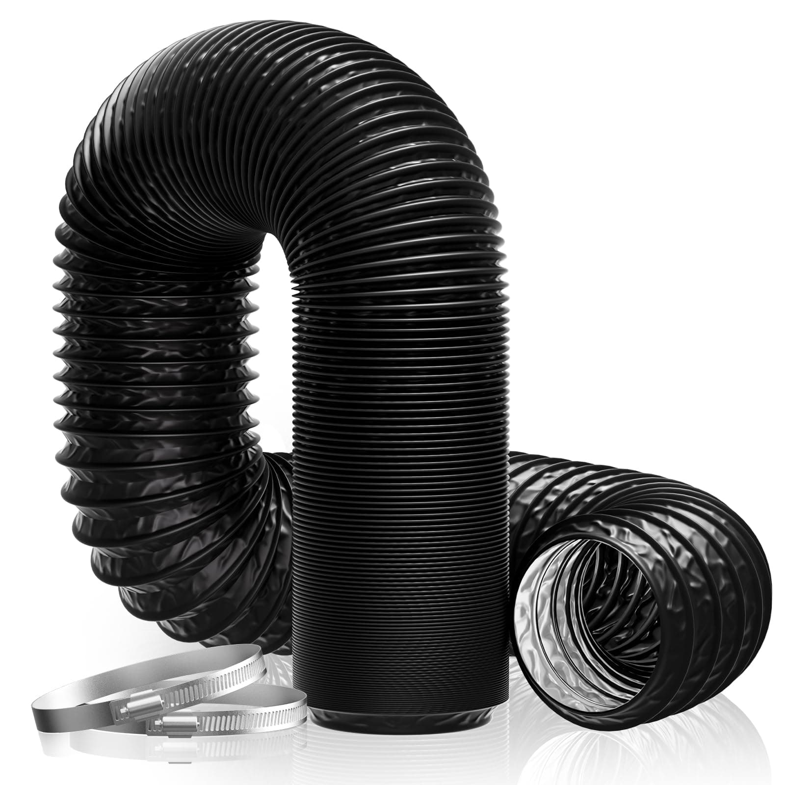 Hon&Guan ø100mm Abluftrohr, 2,5m PVC Alurohr Flex-Schlauch mit 2 Schlauchschelle Edelstahl für Mobile Klimaanlage, Trockner, Abluftventilator, Abzugshaube, Belüftungssystem, Schwarz 2,5m*100mm Schwarz