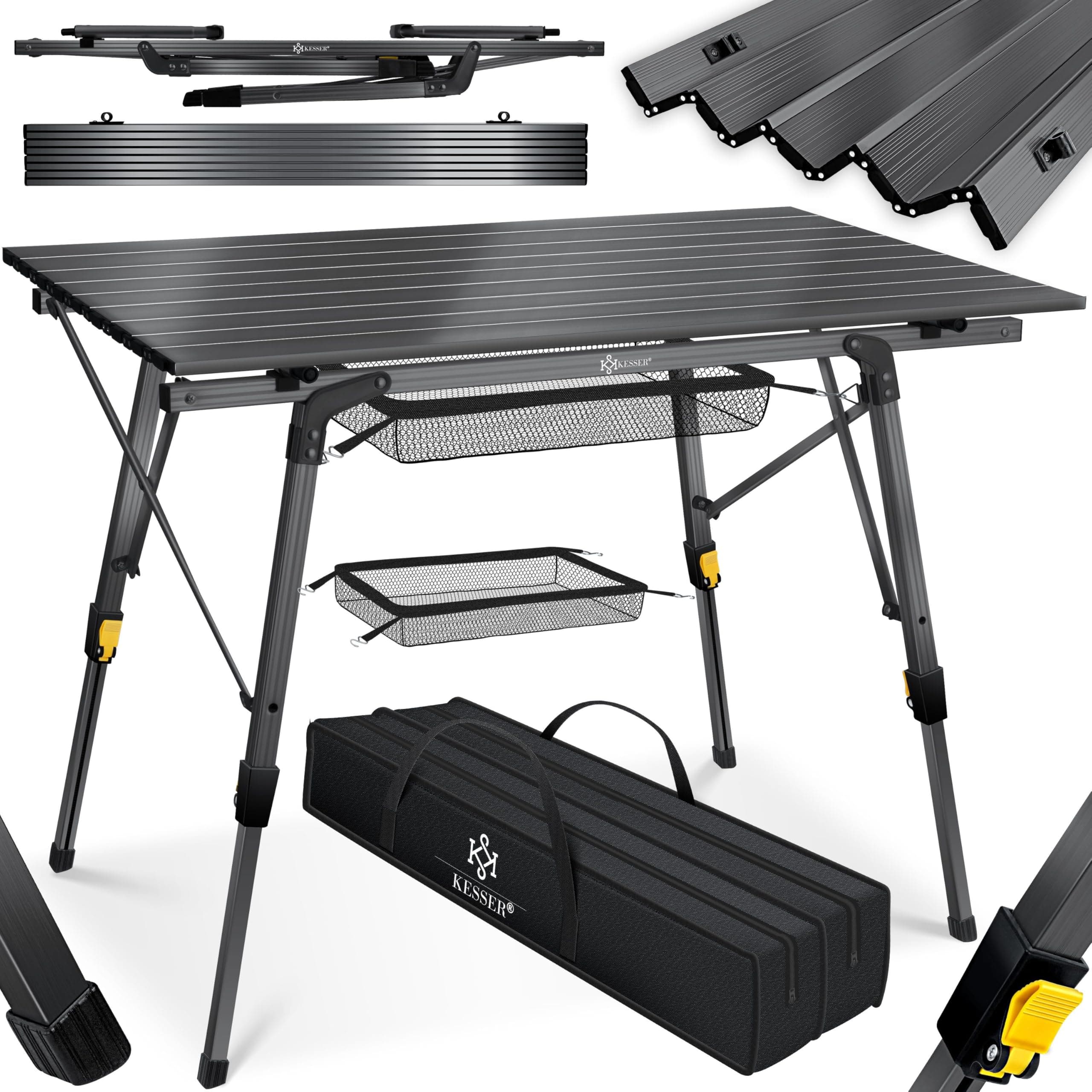KESSER® Campingtisch faltbar Klapptisch mit Aluminiumrahmen Aufrollbare Tischplatte Falttisch klappbar Höhenverstellung 90x53cm - bis 100kg inkl. Tragetasche mit Trageband & Netztasche, Anthrazit 90cm x 53cm Anthrazit