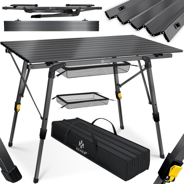 KESSER® Campingtisch faltbar Klapptisch mit Aluminiumrahmen Aufrollbare Tischplatte Falttisch klappbar Höhenverstellung 90x53cm - bis 100kg inkl. Tragetasche mit Trageband & Netztasche, Anthrazit 90cm x 53cm Anthrazit