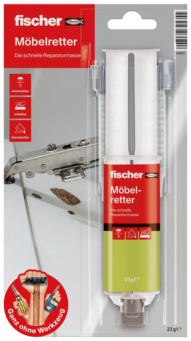fischer Möbelretter, Holzspachtel in Beige, Reparaturmasse für ausgerissene Scharniere & Dübel, geeignet für Holz & Plattenbaustoffe, 23 g (25 ml) Single