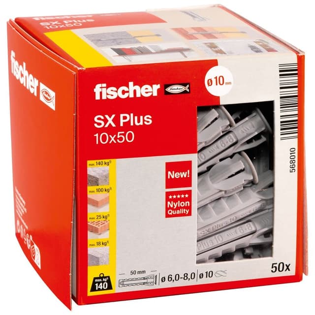 fischer Spreizdübel SX Plus 10 x 50, Schachtel mit 50 Nylondübeln, Dübel für optimalen Halt bei Befestigungen in Beton, Vollziegel, Porenbeton, Hochlochziegel uvm. 10 x 50 NEU SX Plus Spreizdübel Faltschachtel