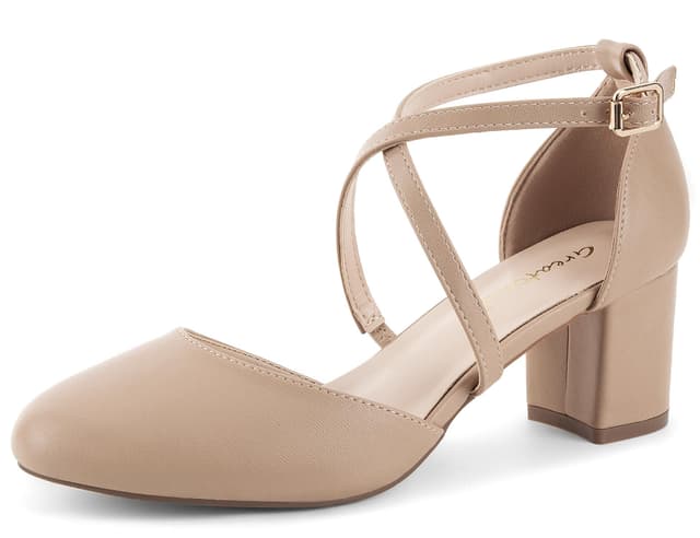 Greatonu Damen Pumps Riemchenpumps Spangenpumps Sandale mit Kreuz Knöchelriemen Blockabsatz Geschlossener Spitze Glitzer Pumps - Perfekt für Hochzeiten und Partys 36 EU Nude