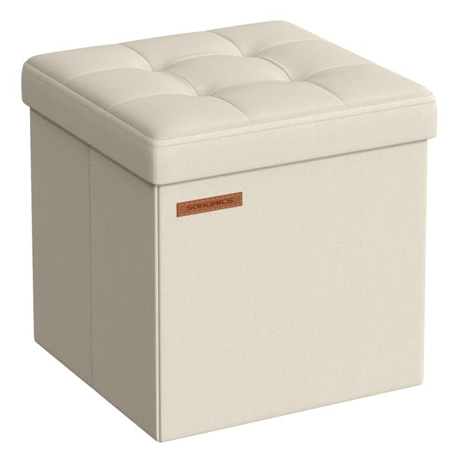 SONGMICS Sitzhocker mit Stauraum, kleine klappbare Sitzbank, 30 x 30 cm Fußbank, Aufbewahrungsbox, bis 130 kg belastbar, für Wohnzimmer Schlafzimmer Schlafsaal, cremeweiß LSF028W01
