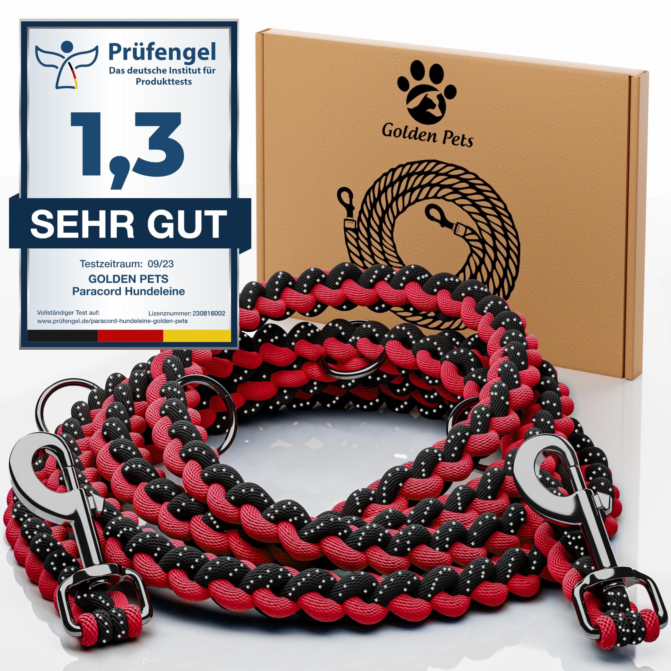 Testnote: Sehr gut - Hundeleine reflektierend I 2m, verstellbar, wetterfest & reißfest bis 250 kg I Paracord Führleine, Umhängeleine I kleine - große Hunde rot - schwarz 2 m Hunde ab 15 kg