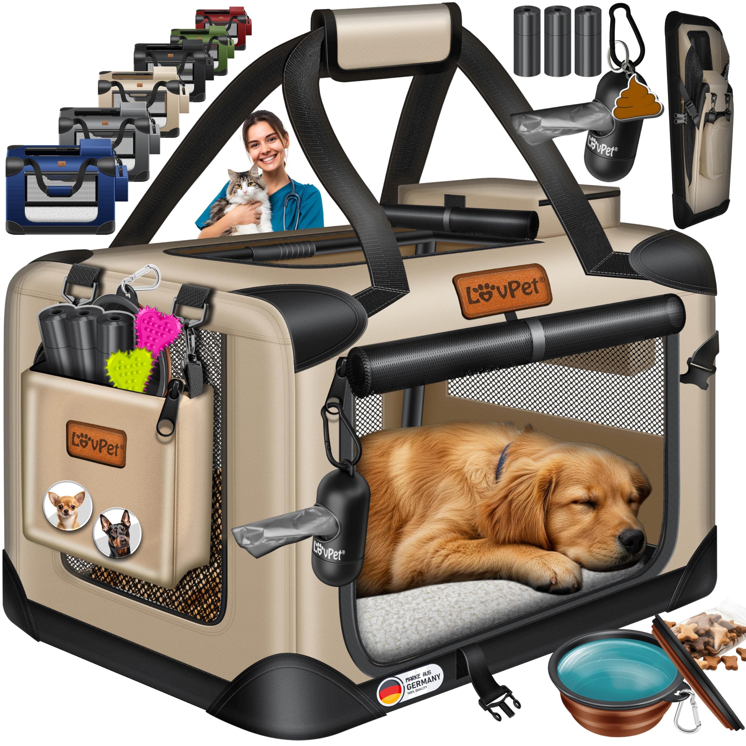 LOVPET® Transportbox Hund Katze Transporttasche XL 82x58x58cm | Hunde-Tragetasche Faltbare Katzentasche | Haustier-Transportbox inkl. Hundenapf & Schultergurt | für Katzen & Hunde Beige XL Beige
