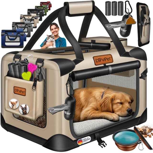 LOVPET® Transportbox Hund Katze Transporttasche XL 82x58x58cm | Hunde-Tragetasche Faltbare Katzentasche | Haustier-Transportbox inkl. Hundenapf & Schultergurt | für Katzen & Hunde Beige XL Beige