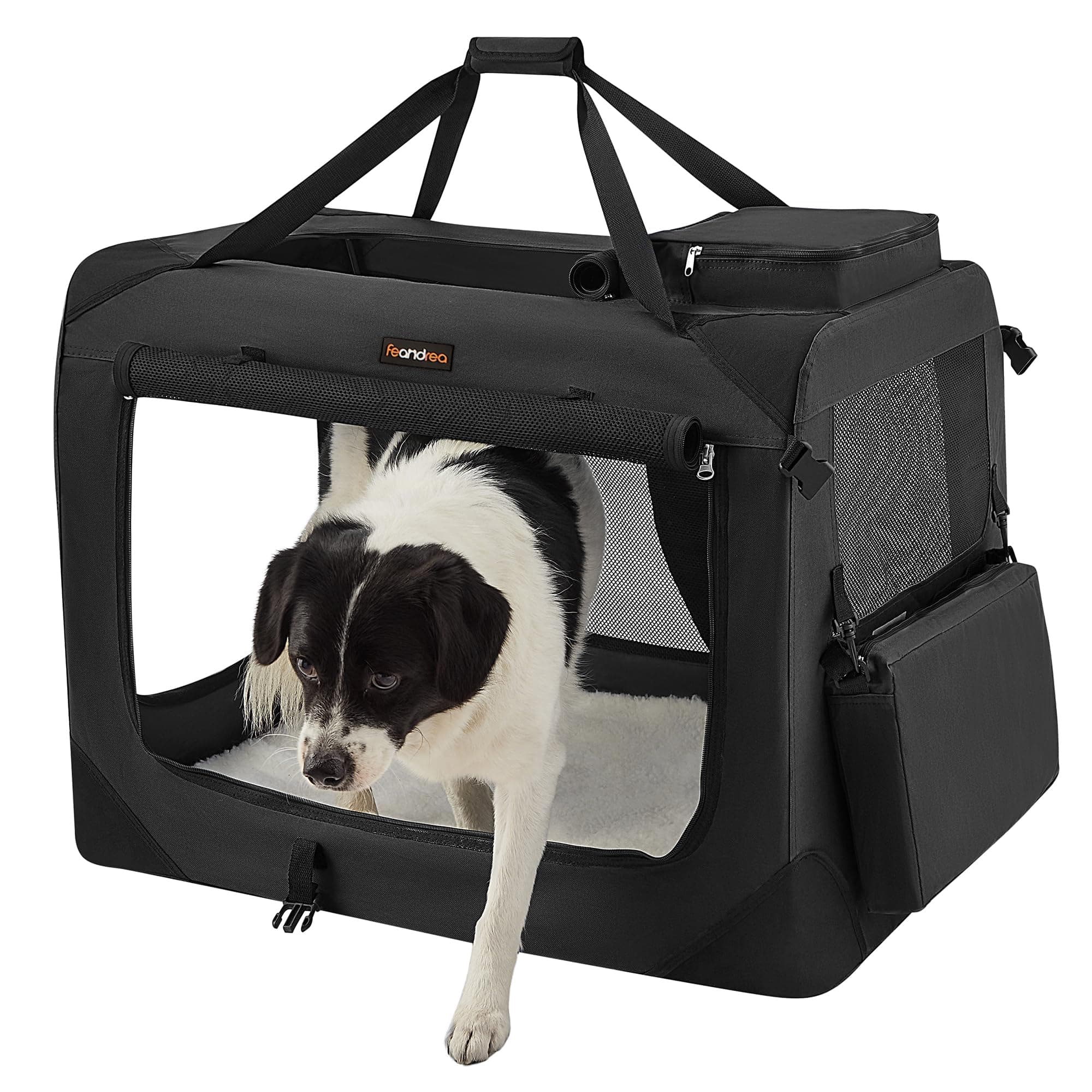 Feandrea Hundebox faltbar, Transportbox Hund, XL, Hundetasche, Oxford-Gewebe, Netzstoff, atmungsaktiv tragbar transportabel, Metallrahmen, mit Griffen, Taschen, 81 x 58 x 58 cm, schwarz PDC80H L 81 x B 58 x H 58 cm Schwarz