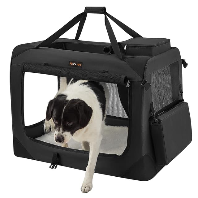 Feandrea Hundebox faltbar, Transportbox Hund, XL, Hundetasche, Oxford-Gewebe, Netzstoff, atmungsaktiv tragbar transportabel, Metallrahmen, mit Griffen, Taschen, 81 x 58 x 58 cm, schwarz PDC80H L 81 x B 58 x H 58 cm Schwarz