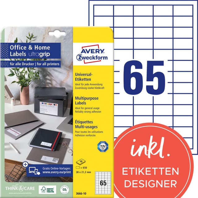 AVERY Zweckform 3666-10 Adressaufkleber (650 Klebeetiketten, 38x21,2 mm auf A4, bedruckbare Absenderetiketten, selbstklebende Adressetiketten mit ultragrip, ideal fürs HomeOffice) 10 Blatt, weiß 10 Blatt 38x21,2mm Papier - permanent