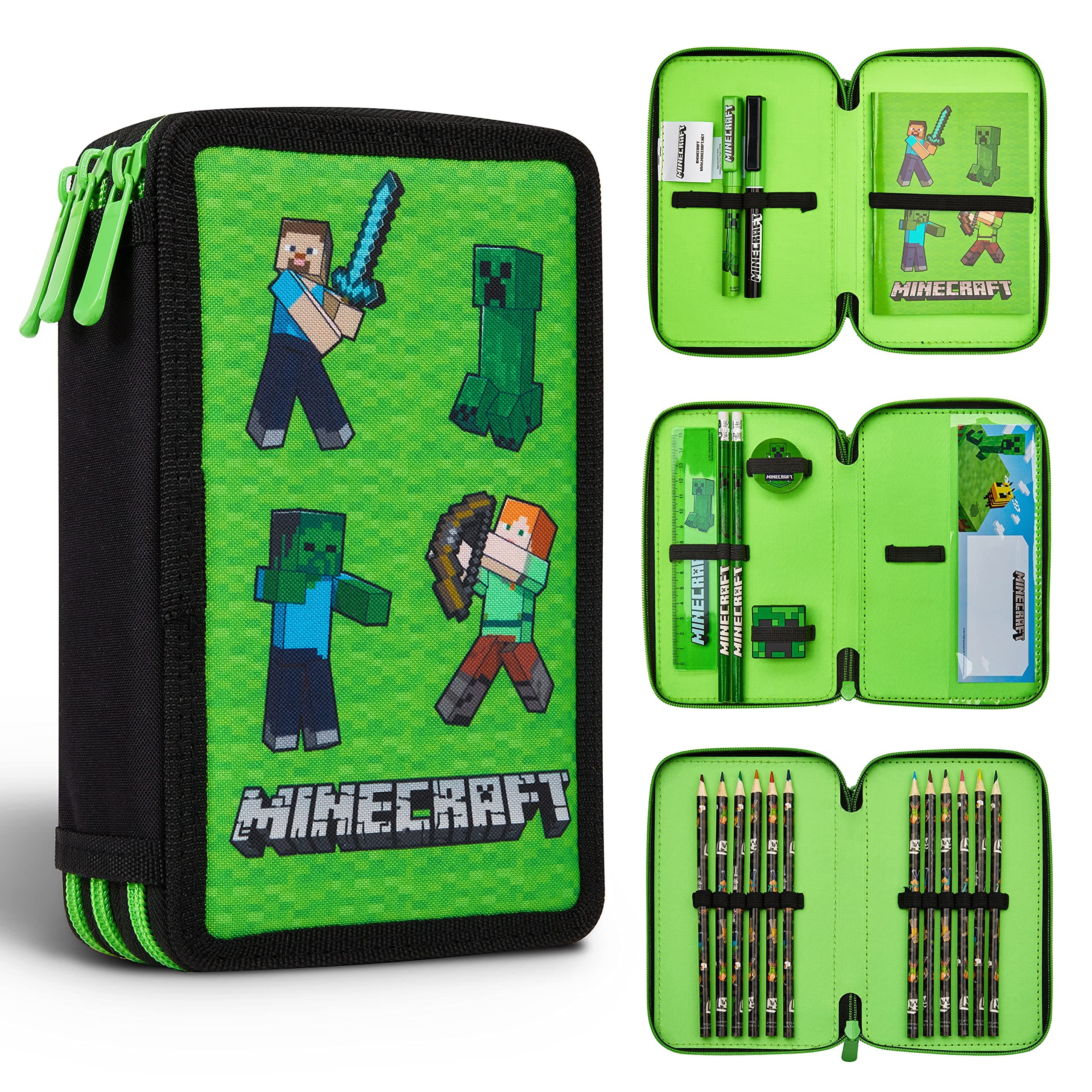 Minecraft Federmäppchen Jungen und Mädchen Mäppchen Gefüllt Creeper Federmappe mit Schreibwaren Gamer Geschenke für Kinder und Teenager Mob Grün