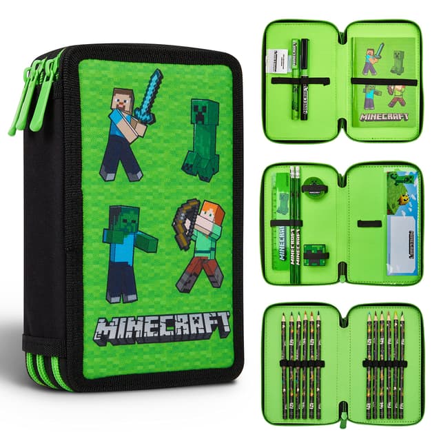 Minecraft Federmäppchen Jungen und Mädchen Mäppchen Gefüllt Creeper Federmappe mit Schreibwaren Gamer Geschenke für Kinder und Teenager Mob Grün
