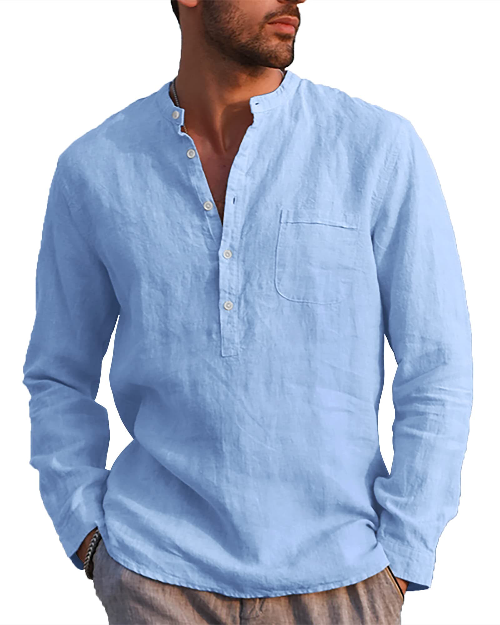 LVCBL Hemd Herren Langarm Henley Sommerhemd Herren Freizeithemd Leinenhemd Regular Fit Men Shirts XL Hellblau