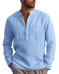 LVCBL Hemd Herren Langarm Henley Sommerhemd Herren Freizeithemd Leinenhemd Regular Fit Men Shirts XL Hellblau