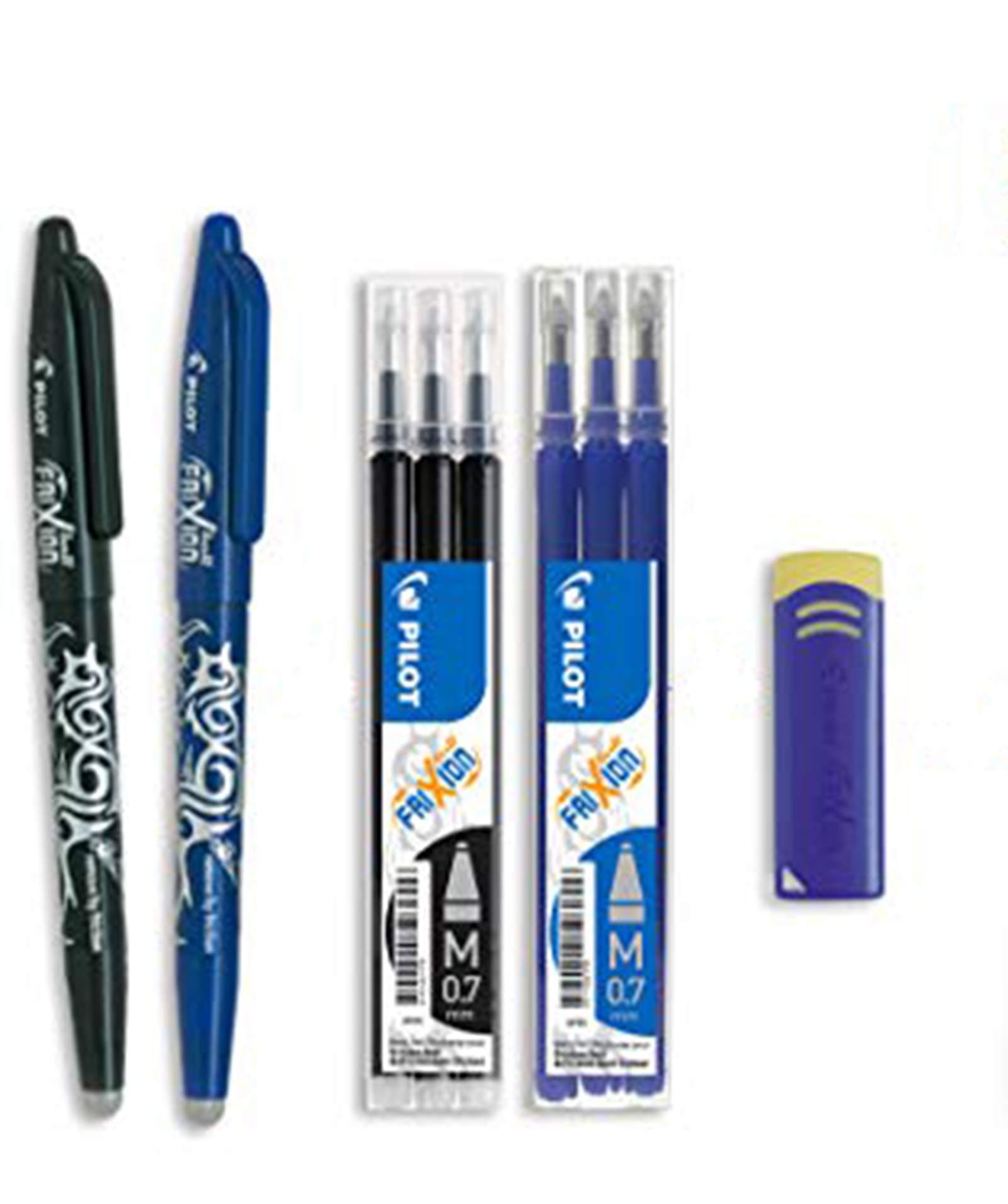 PILOT - FriXion Ball 0.7 Set - 2 Stifte, 6 Minen, 1 Radierer - Blau/Schwarz - Radierbarer Tintenroller, 0,4 mm Strichstärke - Austauschbare Mine, Angenehmes Schreibgefühl - Mittlere Spitze Blau/Schwarz - Blau/Schwarz 1 stück (1er Pack)
