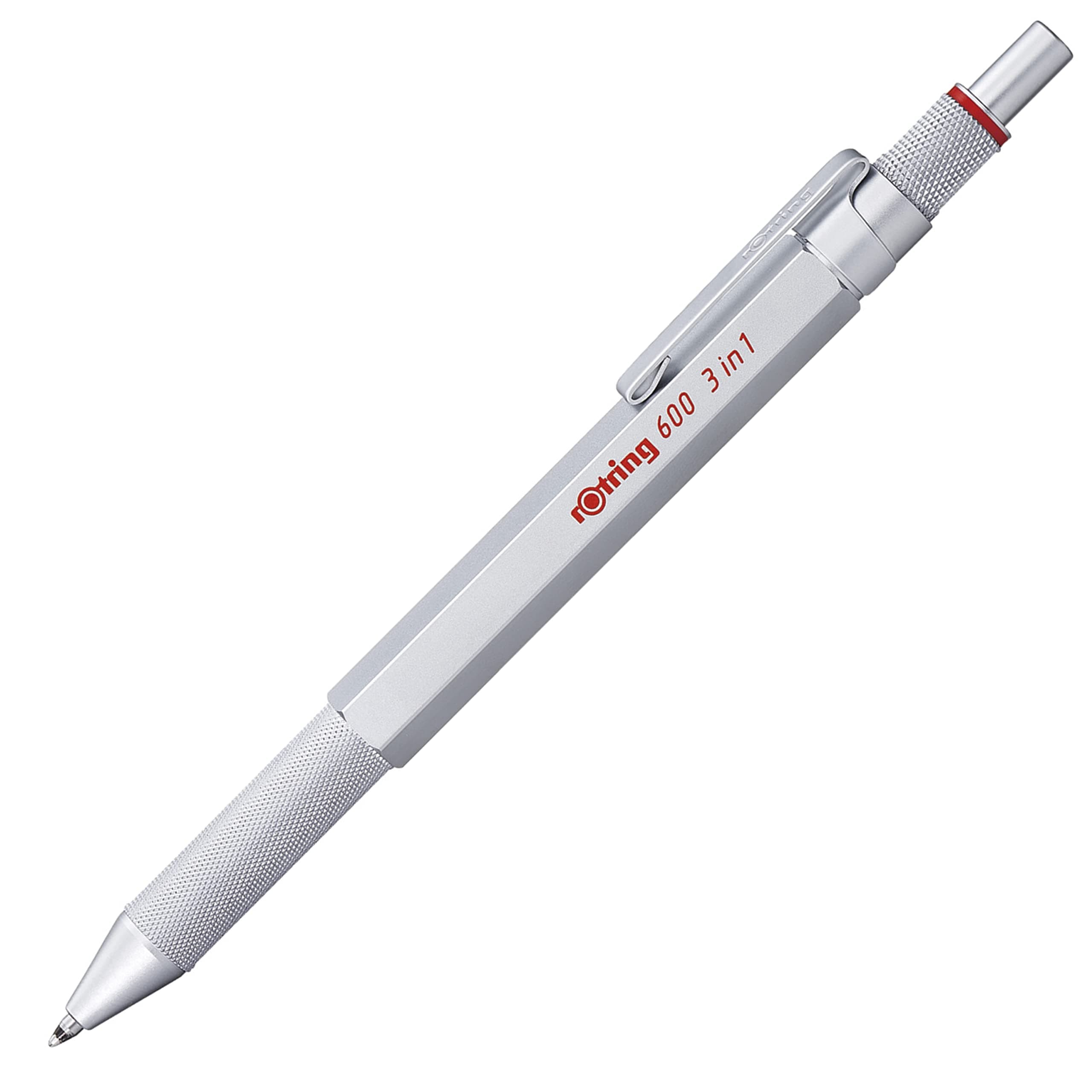 rotring 600 3-in-1-Schreibgerät mit Kugelschreiber und Druckbleistift | Kugelschreiber mit 2 feinen Spitzen (schwarze und rote Tinte) | 1 Druckbleistift mit Spitze (0,5-mm-Mine) | Silber Silber 1 stück (1er Pack) 3 in 1 Multipen