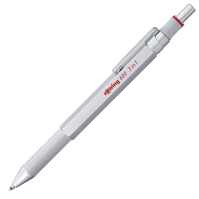 rotring 600 3-in-1-Schreibgerät mit Kugelschreiber und Druckbleistift | Kugelschreiber mit 2 feinen Spitzen (schwarze und rote Tinte) | 1 Druckbleistift mit Spitze (0,5-mm-Mine) | Silber Silber 1 stück (1er Pack) 3 in 1 Multipen