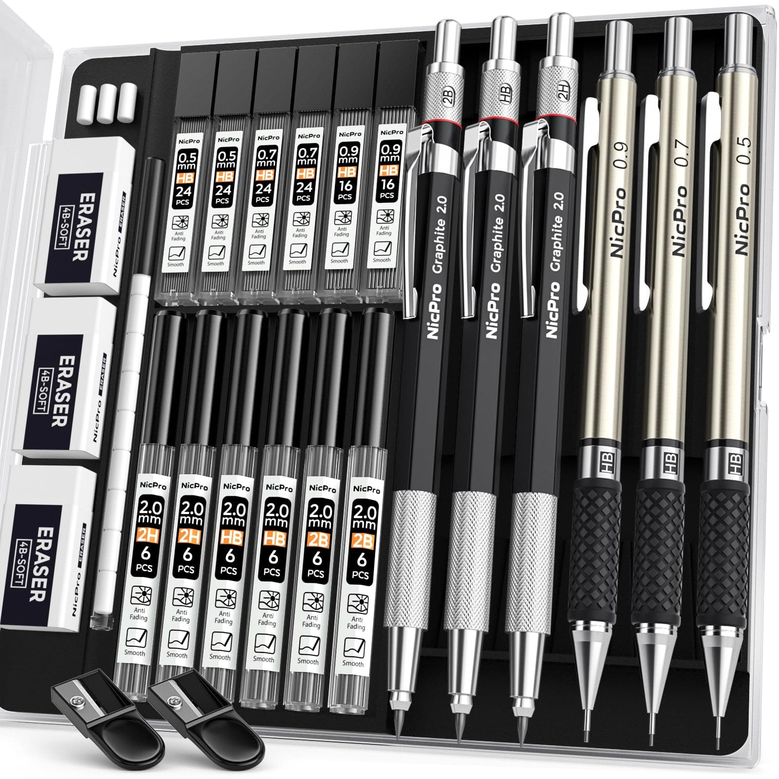 Nicpro 6 Stück Druckbleistifte Set, Metall Mechanische Bleistifte 0,5 mm, 0,7 mm, 0,9 mm, 2mm Fallminenstift (2B HB 2H) mit 12 Dosen HB Bleistiftminen & 3 Radiergummis, Etui für Schreiben, Zeichnen Silber 0,5+0,7+0,9+2 mm
