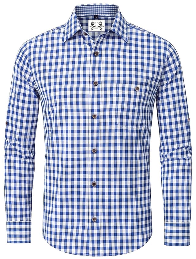 AMZHOTER Trachtenhemd Herren Oktoberfest Hemd Kariertes Hemd Outfit Langarm Trachten Hemden Tracht Hemd Trachtenhemden Kurzarm Karohemd Freizeithemd Baumwolle Blau Rot Grün