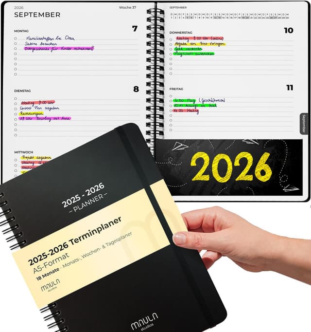 Terminplaner 2026 A5 – Minimalistischer Buchkalender Juli 2025 bis Dezember 2026 – Wochenplaner für Termine & Organisation – Jahreskalender 18 Monate – Praktischer Terminkalender Buch Kalender Schwarz A5