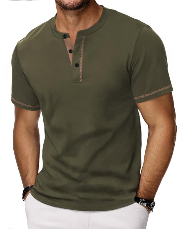 HMIYA Henley Kurzarm T-Shirts für Herren Sommerhemd Baumwolle Knopf Color-Blocking-Ärmeln T-Shirt für Männer