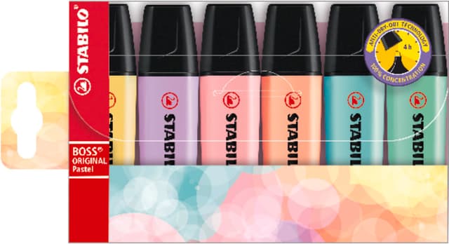 STABILO - Textmarker - BOSS ORIGINAL Pastel - 6er Pack - pudriges Gelb, cremige Pfirsichfarbe, rosiges Rouge, Schimmer von Lila, Hauch von Minzgrün, zartes Türkis 6 Pastellfarben 6er Pack