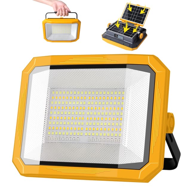 LED Akku Strahler 100W, Solar Arbeitsleuchte LED Akku 13000mAh, 12000LM Superhell mit 4 Lichtmodi, 2 Solarpanel, Campinglampe Tragbare für Stromausfällen, Camping, Gelb & Grau 2 Solarmodul