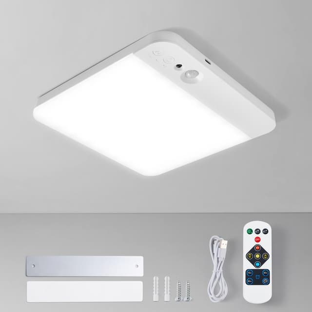 Leselux Akku Deckenlampe mit Bewegungsmelder ohne Stromanschluss, Batteriebetrieben Deckenleuchte mit Fernbedienung, 3 Farbtemperaturen, USB Aufladbare, Eckig Lampe Decke für Flur Treppe Balkon Garage Quadratisch-1 Stück