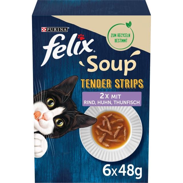 FELIX Soup Tender Strips, Suppe für Katzen, Gemischte Vielfalt, 8er Pack (8 x 6 à 48g)