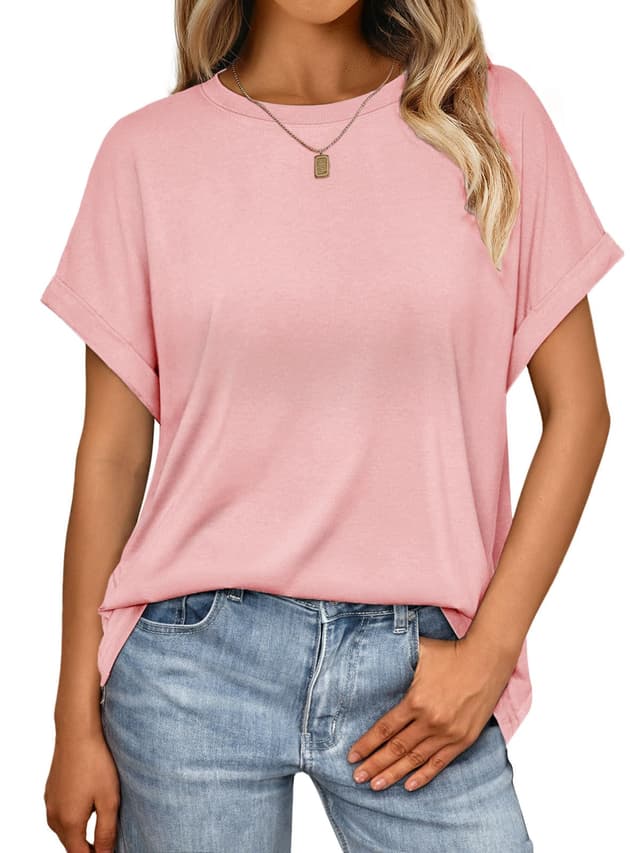 Cuptacc Tshirt Damen Rundhalsausschnitt Kurzarm Oversize T Shirt Sommer Casual Flügelärmel Top Damen Locker Pastellrosa XL
