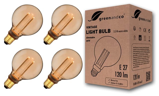 greenandco 4x dimmbare Vintage Design LED Birne zur Stimmungsbeleuchtung | E27 G95 | gold | 3,5W 120lm | 1800K extra warmweiß | 320° | 230V | flimmerfrei | Edison Glühbirne Gold 4 Stück dimmbar E27 G95
