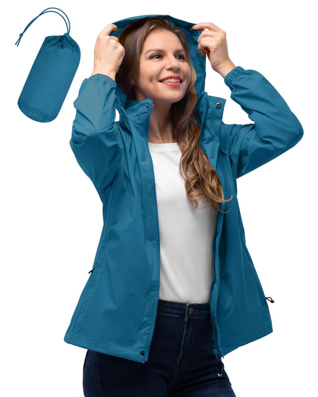 33,000ft Damen Wasserdichte Faltbar Regenjacke mit Kapuze, Leicht Atmungsaktive Windbreaker Jacke, Fahrradjacke für Frauen Fahrrad Sport Outdoorjacke XXL Petrol