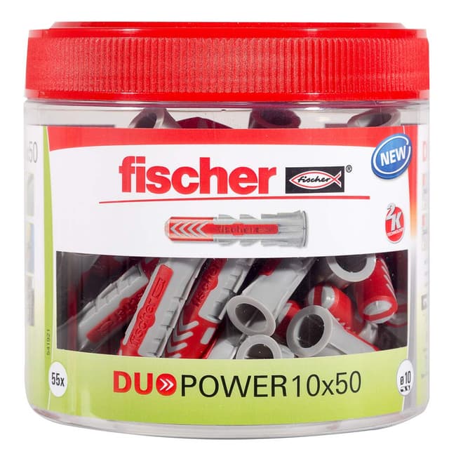 fischer DuoPower 10 x 50, handliche Runddose mit 55 Universaldübeln, leistungsstarker 2-Komponenten-Dübel, Kunststoffdübel zur Befestigung in Beton, Ziegeln, Stein, Gipskarton uvm.