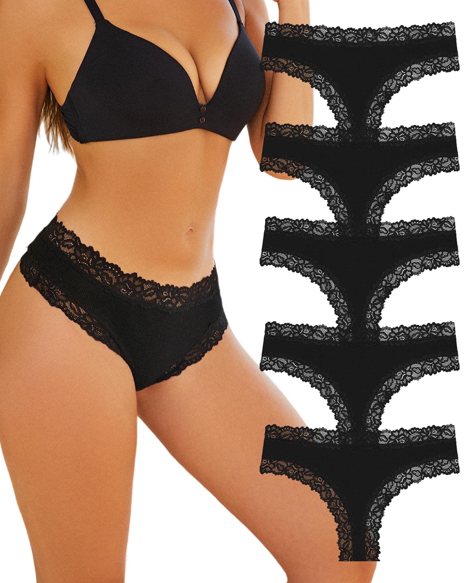 ALL OF SHE Unterhosen Damen Baumwolle Spitze Brazilian Slip Sexy Unterwäsche Frauen Atmungsaktiv Pantys Hipster Mehrpack Baumwoll Underwear Weich 5er Pack Schwarz-5er M