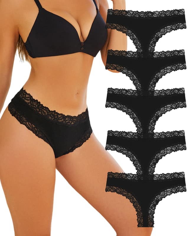 ALL OF SHE Unterhosen Damen Baumwolle Spitze Brazilian Slip Sexy Unterwäsche Frauen Atmungsaktiv Pantys Hipster Mehrpack Baumwoll Underwear Weich 5er Pack Schwarz-5er M