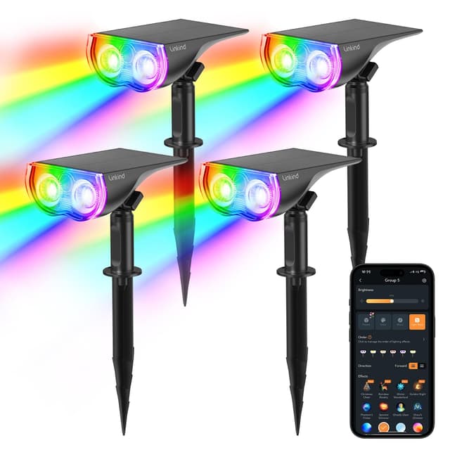 Linkind Smart RGBTW Solar Strahler für Garten, Intelligent 16Mio. Farbe Gartenleuchte mit Gruppensteuerung, Musiksync, Rotlichtalarm, IP65 Aussenstrahler Solar Baumstrahler, SL5C-4 Stück 4 Stück Intelligent Rgbw