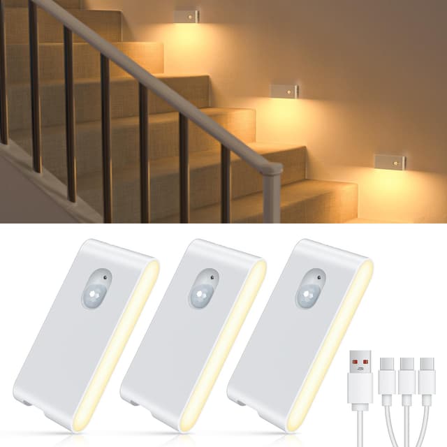 WILLED Treppenlicht mit Bewegungsmelder, Aufladba LED Nachtlicht mit Bewegungsmelder, 3 Stück Bewegungsmelder Licht, Nachtlicht Kinder für, Treppe, Schlafzimmer, Wohnzimmer, Flur, Küche, Badezimmer Weiß 3er-Packung