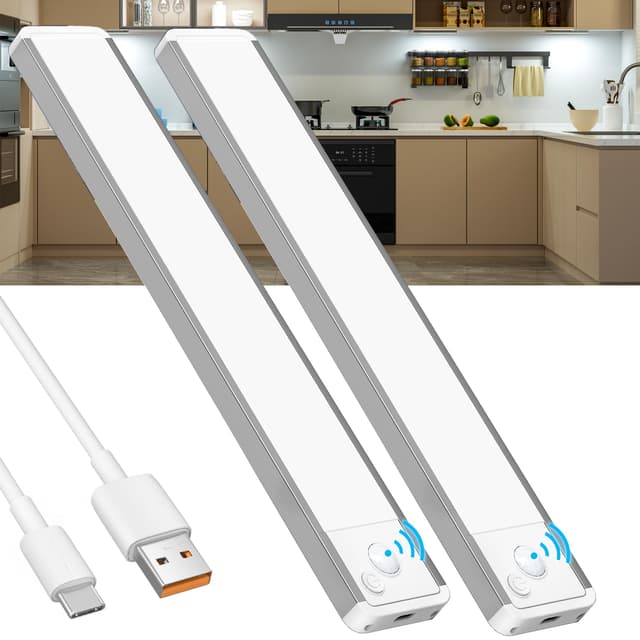 Schrankbeleuchtung-Unterbauleuchte-Küche-LED-Bewegungsmelder-Licht-Akku-Lampe Unterschrank Beleuchtung Lichtleiste Innen Kabellos Leiste Batterie Schrank Lichter Unterbau Leuchte Aufladbar USB Lights 6000K-20CM-2 Stück