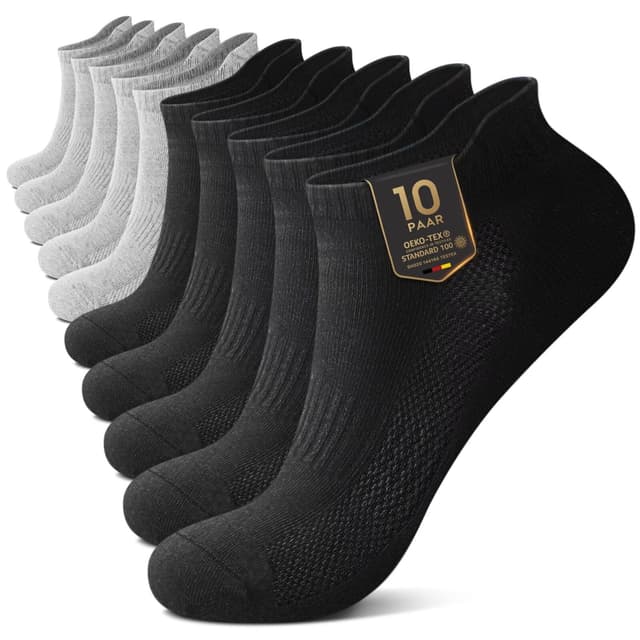 YouShow 10 Paar Sneaker Socken Damen Herren Sportsocken Kurze Atmungsaktiv Knöchelsocken Laufsocken Baumwollsocken Halbsocken Schwarz x 5 + Grau x 5 43-46