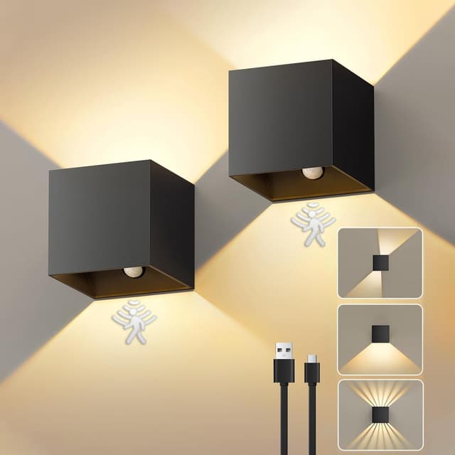 NIBSHOOM 2 Stück Akku Wandleuchte Innen Mit Bewegungsmelder,Wandlampe Akku Einstellbar Strahlform,3000K LED Wandleuchte USB Aufladbar,Kabellos Dimmbar Schwarz Aluminium für Schlafzimmer Wohnzimmer Mattschwarz-2 Stück