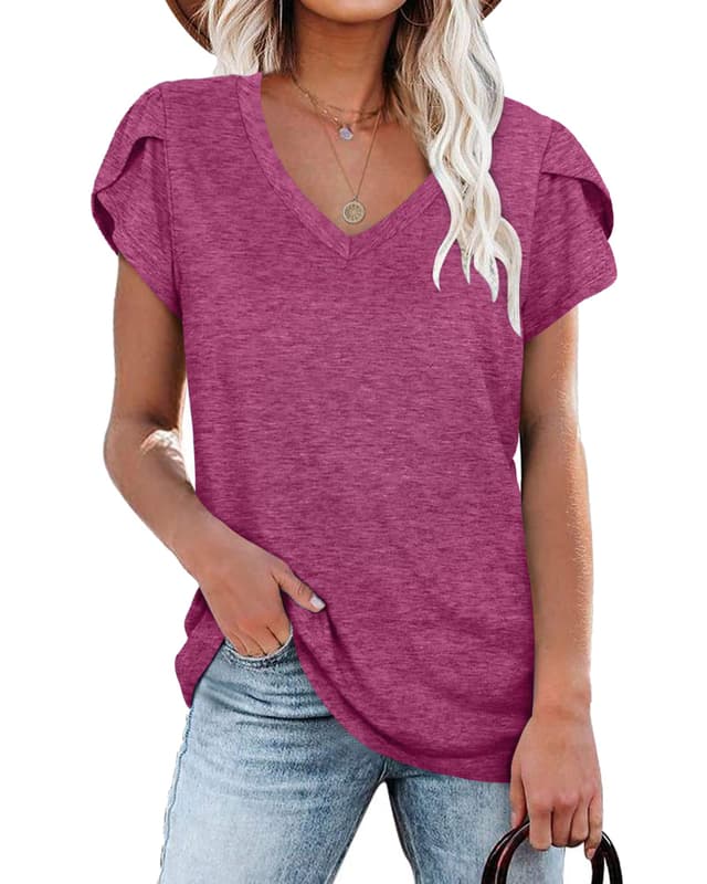 PLOKNRD Damen Tops V-Ausschnitt Blütenblatt Ärmel T-Shirt Sommer Freizeit Kurzen Ärmeln Strand Oberteile