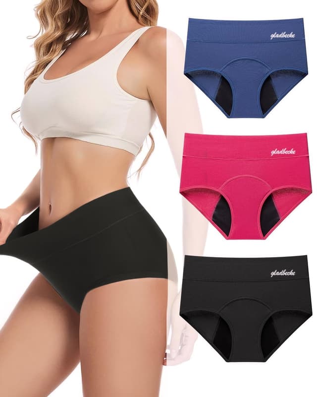 Gladbecke Periodenunterwäsche Starke Blutung Damen Lecksicher Baumwolle Menstruations Slip 3er Pack,XS-3XL XXL Mehrfarbig
