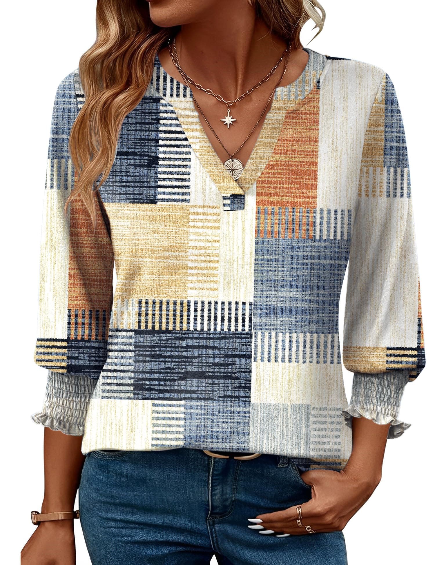 Rapbin Damen Bluse 3/4 arm langerm V-Ausschnitt Tunika Sommer Tops Locker Shirt Elegant Lässig Oberteil 2025