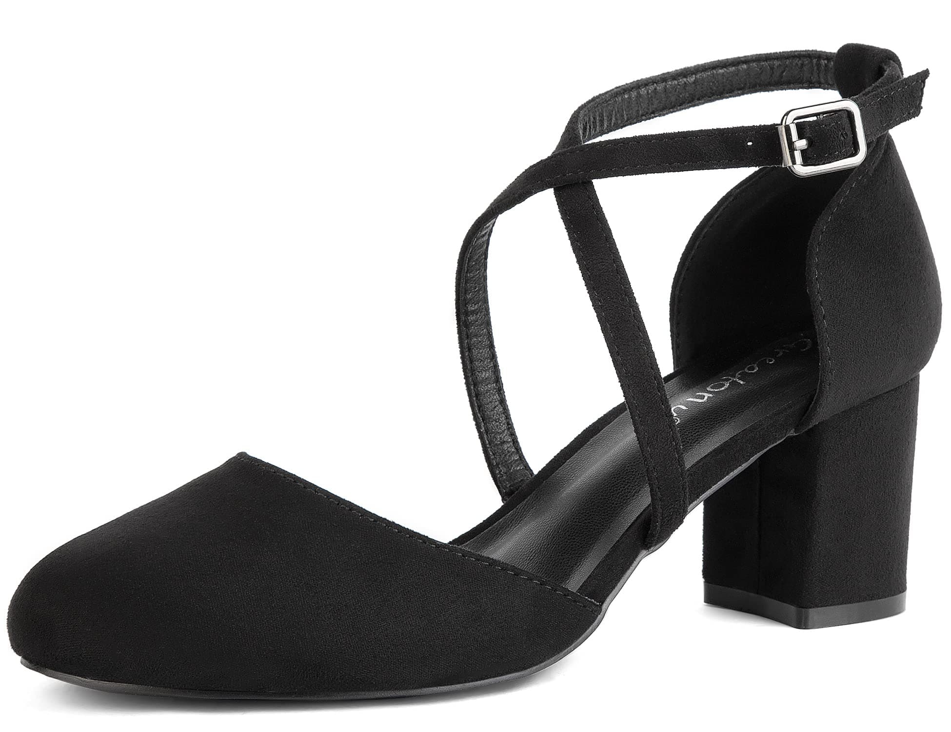 Greatonu Damen Pumps Riemchenpumps Spangenpumps Sandale mit Kreuz Knöchelriemen Blockabsatz Geschlossener Spitze Glitzer Pumps - Perfekt für Hochzeiten und Partys 42 EU Schwarz