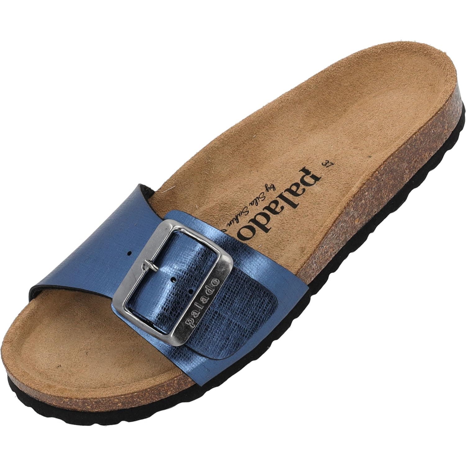 Palado Pantoletten Damen Malta EGS Caro by Sila Sahin – elegante Sandalen Made in Spain - bequeme Hausschuhe mit Kork-Fußbett - modische Sommerschuhe 41 EU Blau Struktur