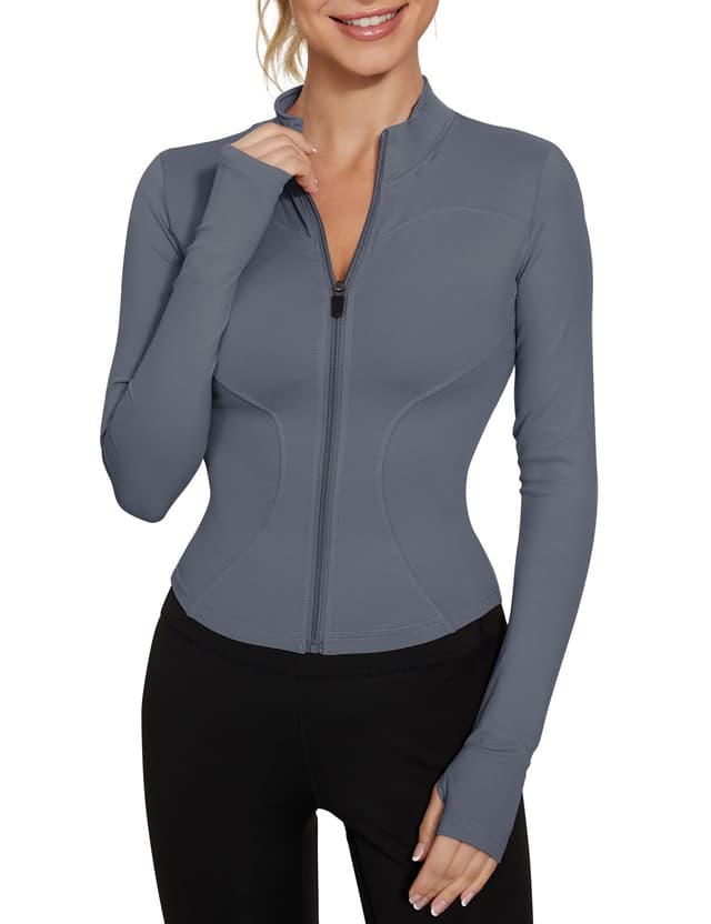 IECCP T-Shirt Damen Gym Top Sport Oberteil Yoga Langarm Crop Top Sportshirt Leicht Fitness Oberteil mit Halbem Reißverschluss und Daumenloch L B-graublau