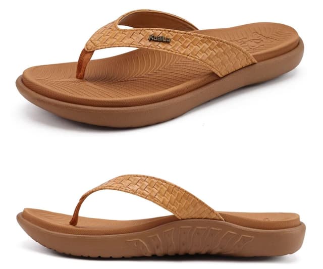 KuaiLu Flip Flops Damen Leder Zehentrenner für Sommer Beach Frauen Bequeme Yoga Mat Tanga Sandalen für Plantar Fasciitis 38 EU Khaki