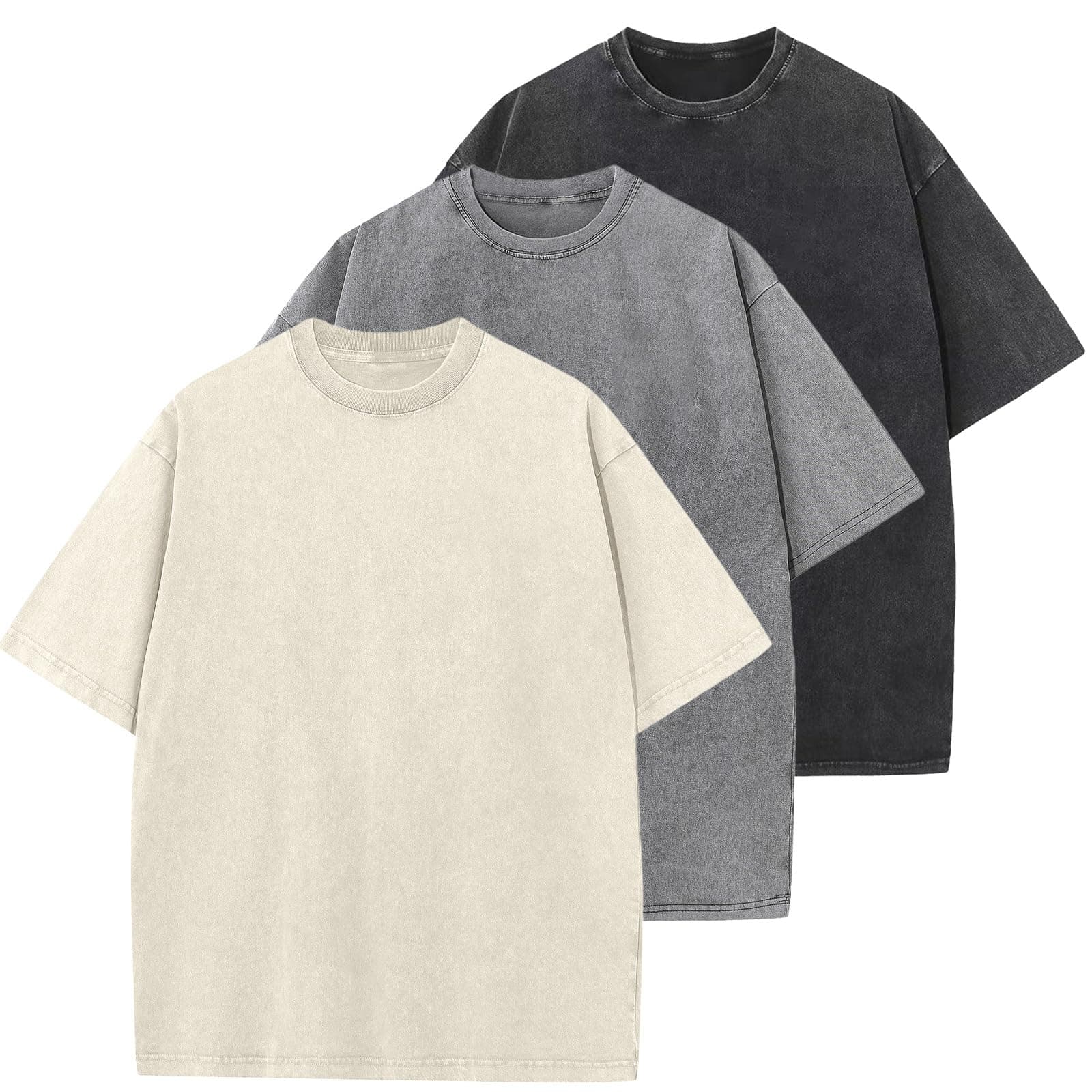 Oversized T-Shirt für Herren Heavy Baumwolle Regular Fit Basic Männer T-Shirt Set Casual Sommer Tops Beige/Grau/Schwarz L
