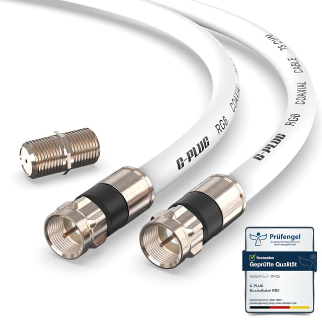 G-PLUG 10m Koaxialkabel RG6 – 135dB 4-fach geschirmt mit vergoldeten Steckern & Gummi-O-Ring – Antennenkabel für DVB-T2, DVB-C, DVB-S2 – HDTV 4K 3D – wasserdicht – Weiß 10m Weiß