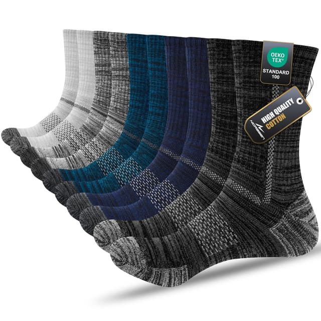 Niorasen 5 Paar Socken Herren, Gepolstert Atmungsaktive Wandersocken Sportsocken, Baumwolle Crew Tennissocken Arbeitssocken Laufsocken 43-46 Mehrfarbig