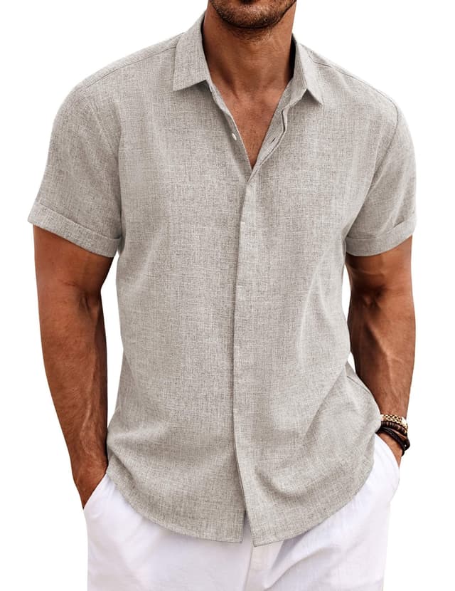 COOFANDY Leinenhemd Herren Kurzarm Hemd Button Down Regular Fit Freizeithemden Sommer Strand Leinen Shirt S Champagnerfarbe